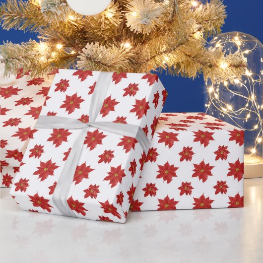 Rode Poinsettia's Op Wit Cadeaupapier (Feestdagen)