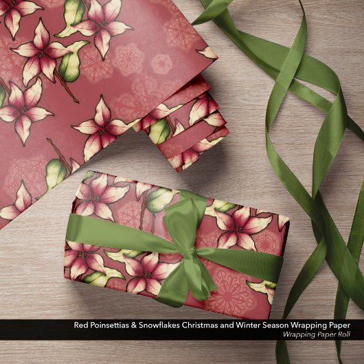 Rode Poinsettias & Sneeuwvlokken Kerstmis Cadeaupapier