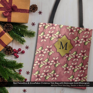 Rode Poinsettia's & Snowflakes Kerstmonogram Tote Bag