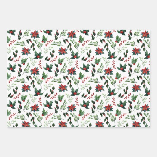 Rode Poinsettias Spruce Boughs en Holly Christmas Inpakpapier Vel (Voorkant 3)
