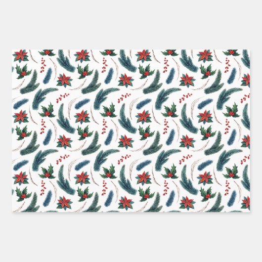 Rode Poinsettias Spruce Boughs en Holly Christmas Inpakpapier Vel (Voorkant 2)