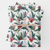 Rode Poinsettias Spruce Boughs en Holly Christmas Inpakpapier Vel (In situ)