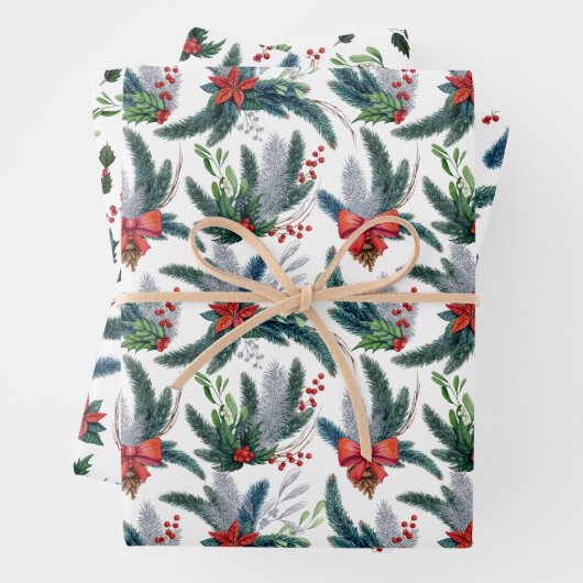 Rode Poinsettias Spruce Boughs en Holly Christmas Inpakpapier Vel (In situ)