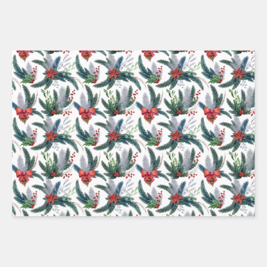 Rode Poinsettias Spruce Boughs en Holly Christmas Inpakpapier Vel (Voorkant)