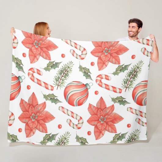 RODE POINTSETTIAS SNOEPSTOKJES EN ORNAMENTEN FLEECE DEKEN (In situ)