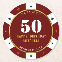 Rode pokerchip 50e verjaardagsfeestje ronde kartonnen onderzetter