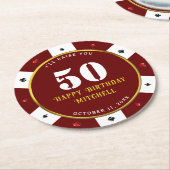 Rode pokerchip 50ste verpartij ronde kartonnen onderzetter (Gebogen)