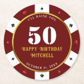 Rode pokerchip 50ste verpartij ronde kartonnen onderzetter (Voorkant)