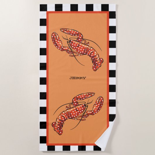 Rode Polka Dot Kreeft met naam Strandlaken (Voorkant)
