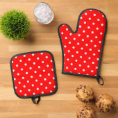 Rode Polka Dots Oven Mitt & Pot Houder Set (Top down)
