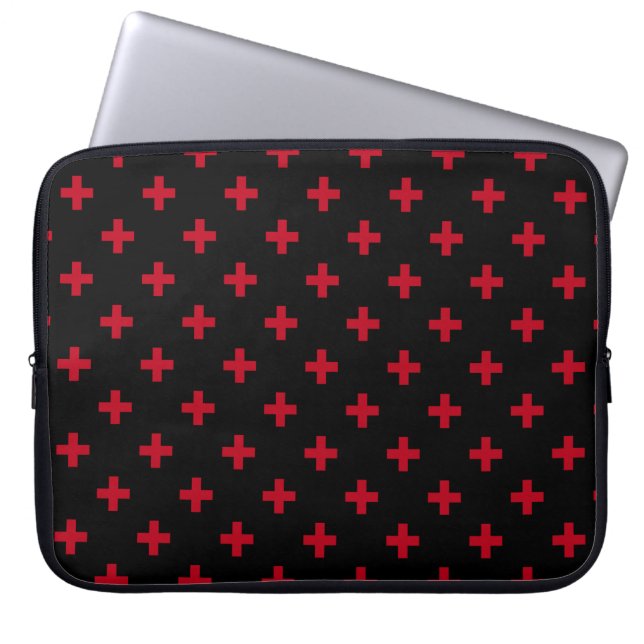 Rode polka kruist zwart laptop sleeve (Voorkant)