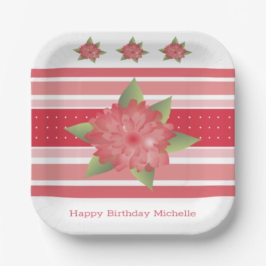 Rode polka stip en bloemig papieren bordje (Voorkant)