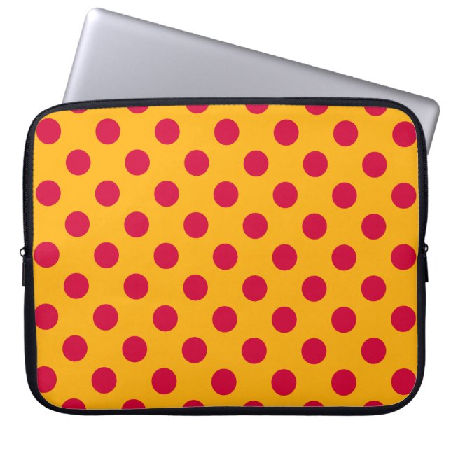 Rode polka-stippen op geel laptop sleeve (Voorkant)