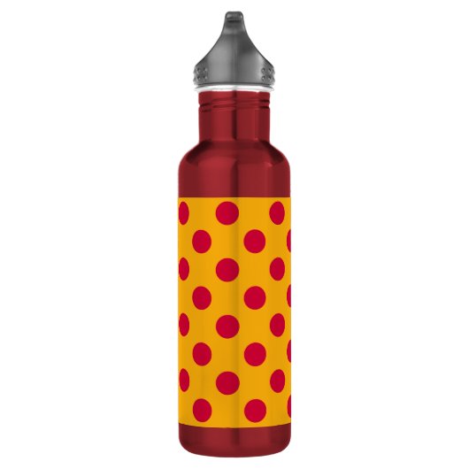 Rode polka-stippen op geel waterfles  (Rechts)