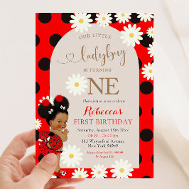 Rode Polkadot Ladybug Daisy Eerste Verjaardag Kaart