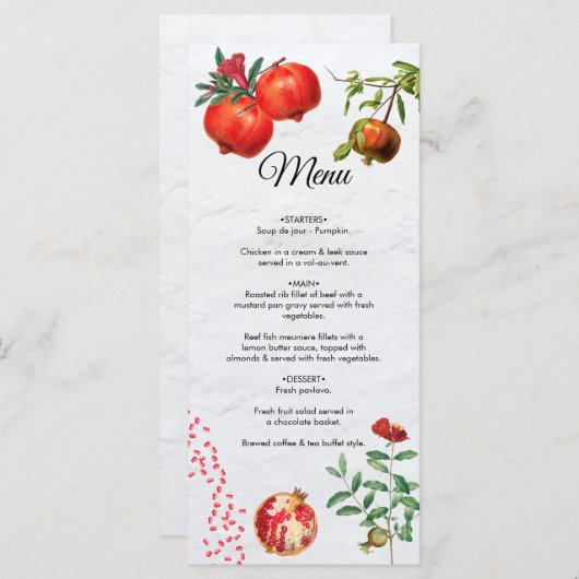 Rode Pomegranaat Botanische mediterrane bruiloft Menu (Voorkant / Achterkant)