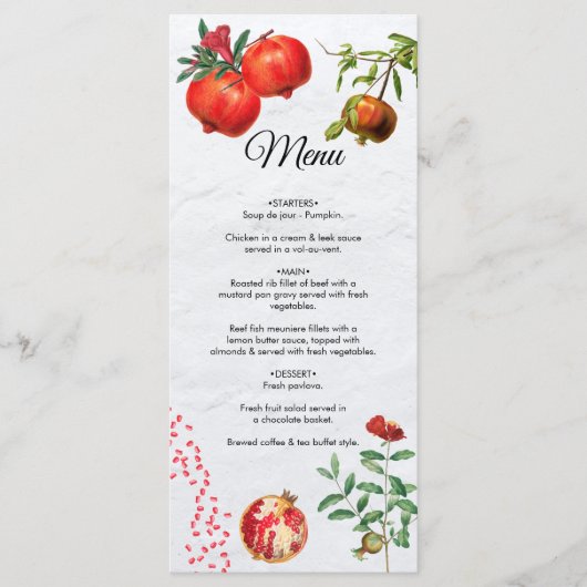 Rode Pomegranaat Botanische mediterrane bruiloft Menu (Voorkant)