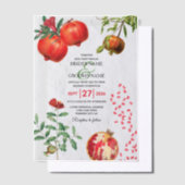 Rode Pomegranaat Botanische mediterrane bruiloft Vellum Uitnodigingen (Offset)