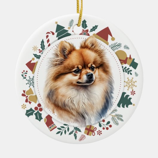 Rode Pommerse Hond Kerstkrans Keramisch Ornament (Voorkant)
