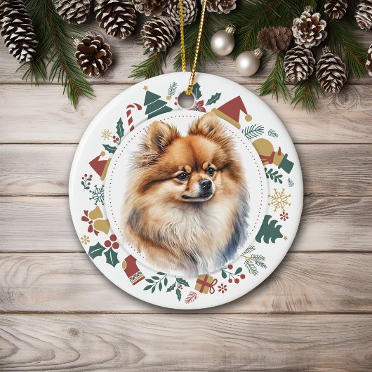 Rode Pommerse Hond Kerstkrans Keramisch Ornament