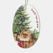 Rode Pommerse Hond Rieten Mand Kerstmis Keramisch Ornament (Links)