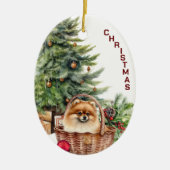 Rode Pommerse Hond Rieten Mand Kerstmis Keramisch Ornament (Voorkant)