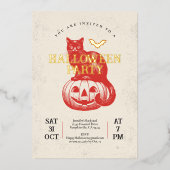 rode pompoen en kat Halloween Party Gold Folie Uitnodiging (Voorkant)