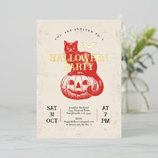 rode pompoen en kat Halloween Party Gold Folie Uitnodiging (Staand Voorkant)