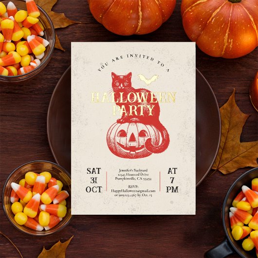 rode pompoen en kat Halloween Party Gold Folie Uitnodiging