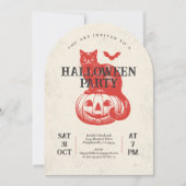  rode pompoen en kat Halloween Party Kaart (Voorkant)