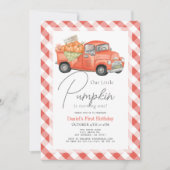 Rode pompoen vrachtwagen Gingham 1e verjaardag Kaart (Voorkant)
