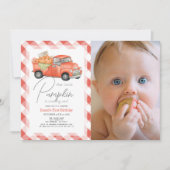 Rode pompoen vrachtwagen gingham foto 1e verjaarda kaart (Voorkant)