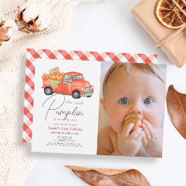 Rode pompoen vrachtwagen gingham foto 1e verjaarda kaart