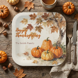 Rode Pompoenen Houten Herfstbladeren Thanksgiving Papieren Bordje