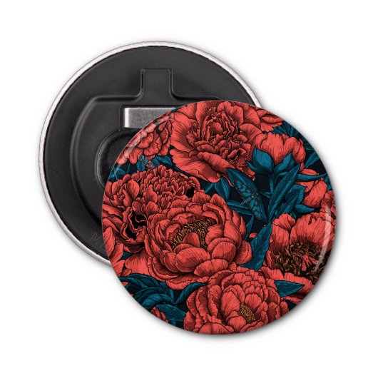 Rode pony-bloemen en -moten button flesopener (Voorkant)