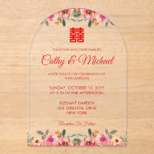 Rode pony flora Chinese bruiloft dubbel geluk Acryl Uitnodigingen (Voorkant)