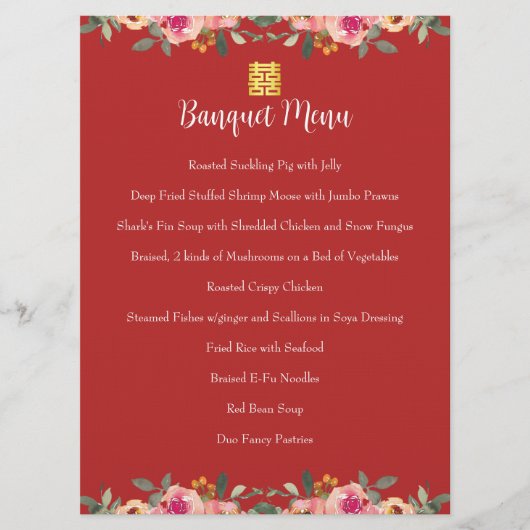 Rode pony flora Chinese bruiloft dubbel geluk Menu (Voorkant)