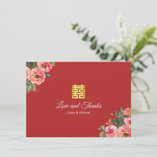 Rode pony florale moderne Chinese bruiloft Bedankkaart (Staand voorkant)