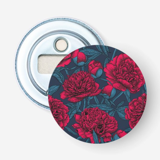 Rode pony tuin in donkerblauw button flesopener (Voorkant)