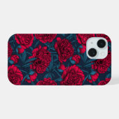 Rode pony tuin in donkerblauw iPhone 15 case (Achterkant horizontaal)