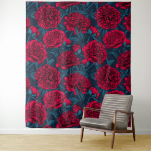 Rode pony tuin in donkerblauw wandkleed