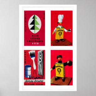 Rode Poolse luciferdoosje label rasterprint, vinta Poster