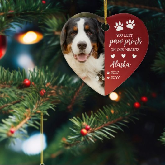 Rode poot afdrukken op onze harten huisdier foto keramisch ornament