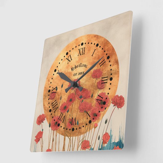 Rode Poppies Bloemen Rustieke Monogram Wandklok (Hoek)