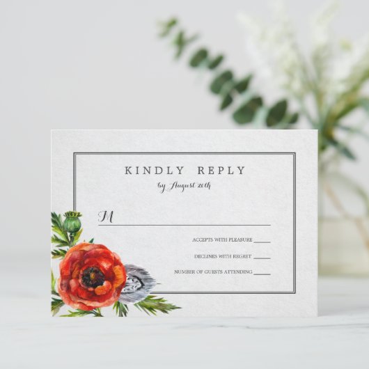 Rode Poppies Bloemen Waterverf Bruiloft RSVP (Staand voorkant)