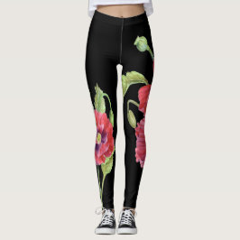 Rode Poppies Bloemenillustratie Zwarte achtergrond Leggings