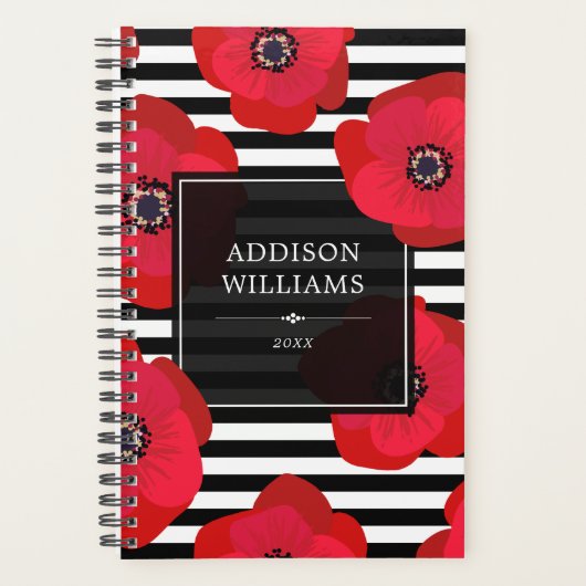 Rode Poppies Chic Zwart Witte Strepen Planner (Voorkant)