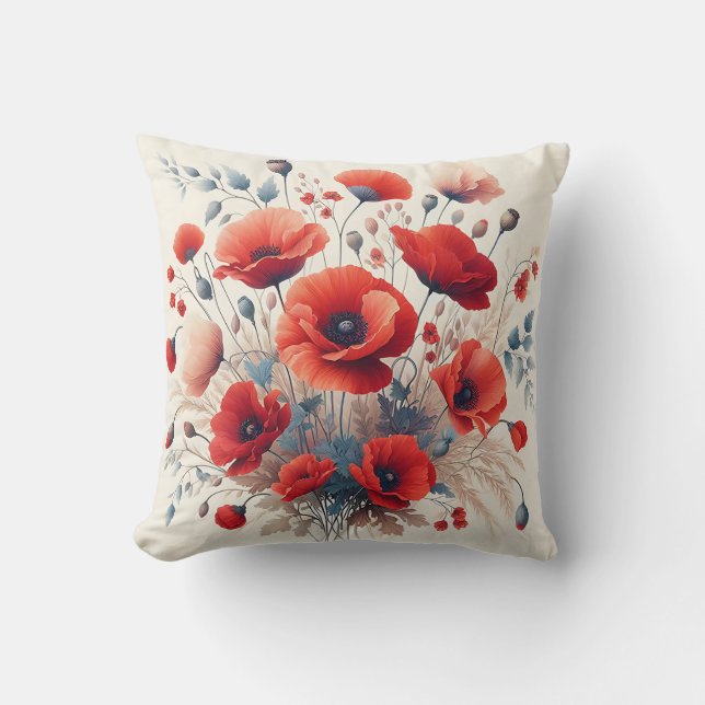  Rode Poppies Floral Botanische Kunst Kussen (Voorkant)