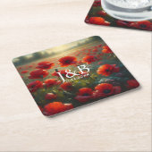 Rode Poppies Floral bruiloft gepersonaliseerd Kartonnen Onderzetters (Schuin)