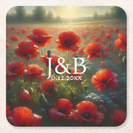 Rode Poppies Floral bruiloft gepersonaliseerd Kartonnen Onderzetters